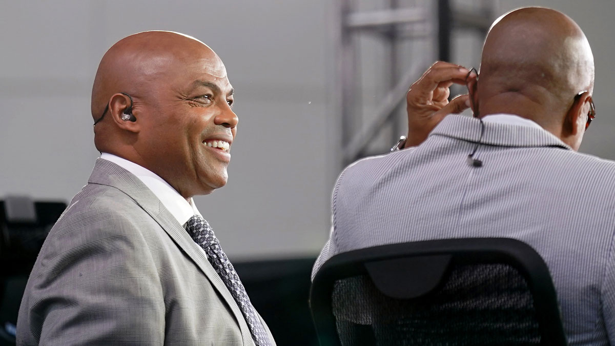 TNT analyst Charles Barkley during the TNT NBA Tip-Off pregame show before game five of the 2022 western conference finals outside of Chase Center.