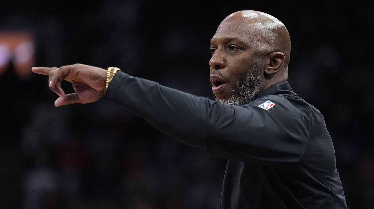Portland Trail Blazers head coach Chauncey Billups gestures to his team during the second half against the Toronto Raptors at Scotiabank Arena.