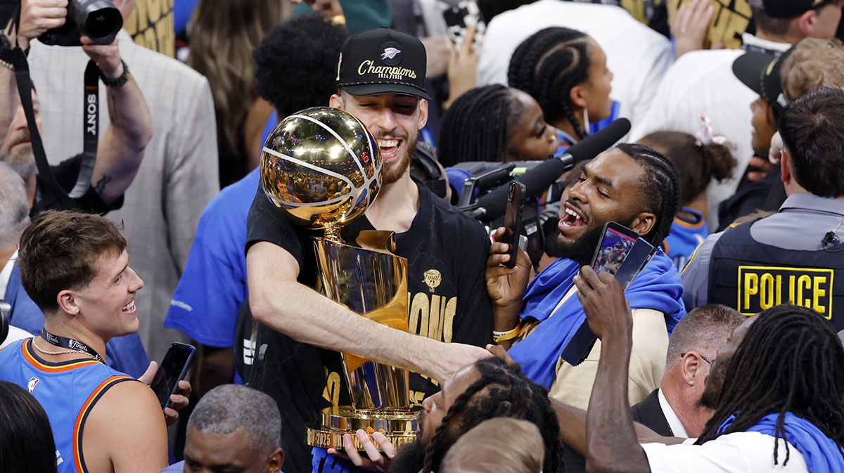 Oklahoma City Thunder forward Chet Holmgren (7) celebrates after winning game seven of the 2025 NBA Finals against the Indiana Pacers at Paycom Center.
