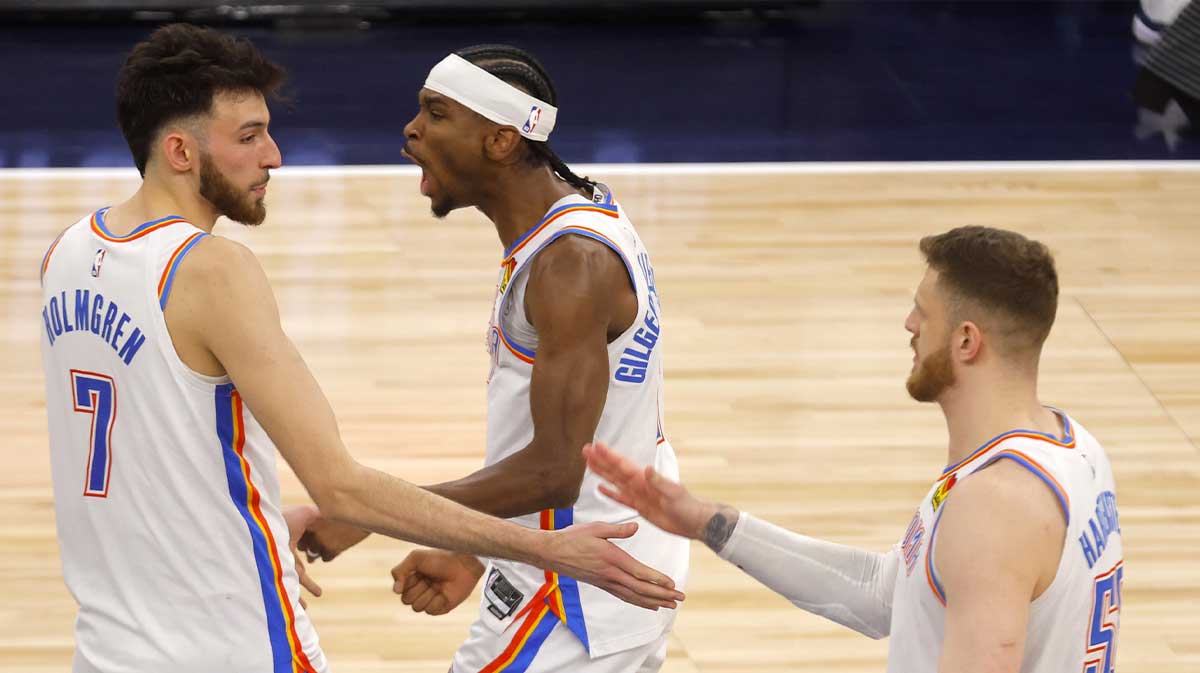 Oklahoma City Thunder forward Chet Holmgren (7), guard Shai Gilgeous-Alexander (2) and center Isaiah Hartenstein (55) react after defeating the Minnesota Timberwolves in game four of the western conference finals for the 2025 NBA Playoffs at Target Center.