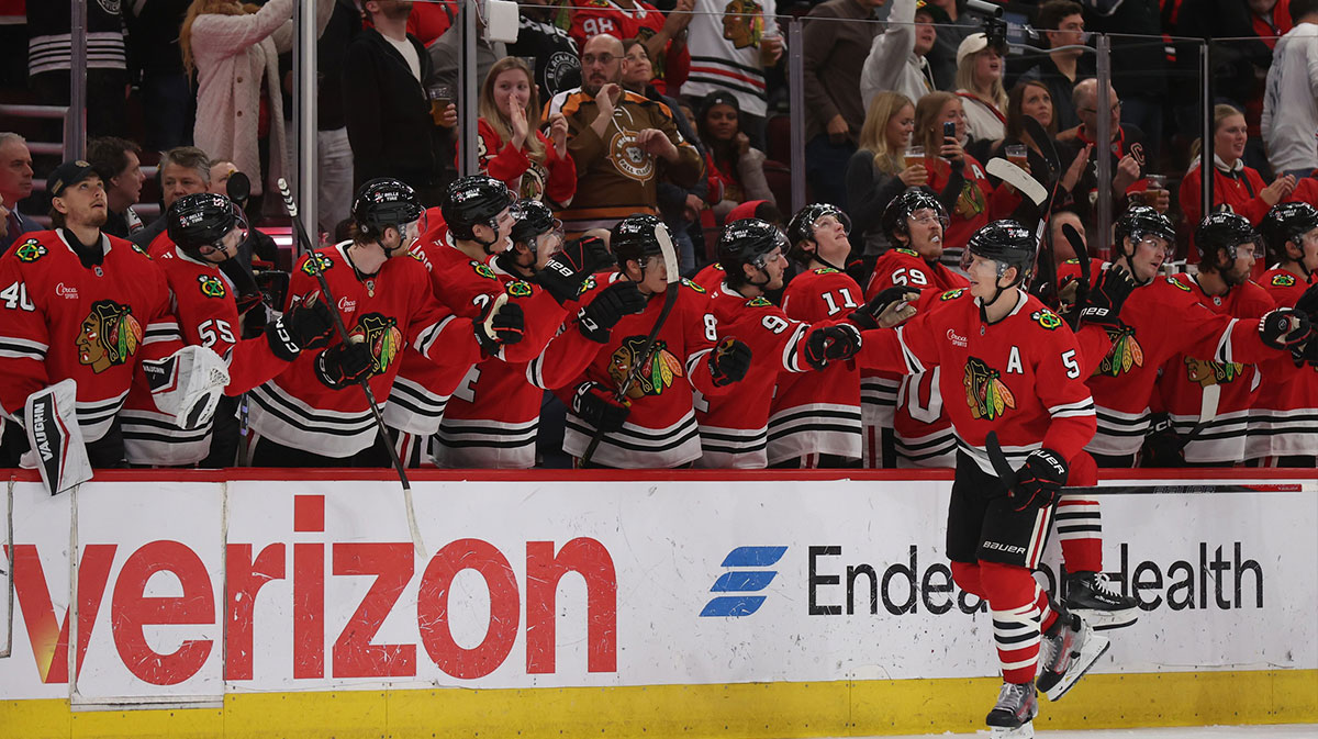 Chicago Blackhawks defenseman Connor Murphy (5) celebrates a second period goal against the Colorado Avalanche at United Center.