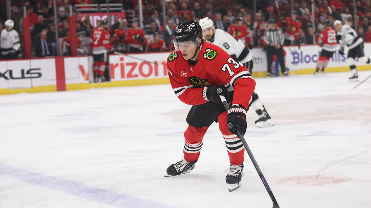  Chicago Blackhawks left wing Lukas Reichel (73) skates with the puck against Los Angeles Kings during the first period at United Center.