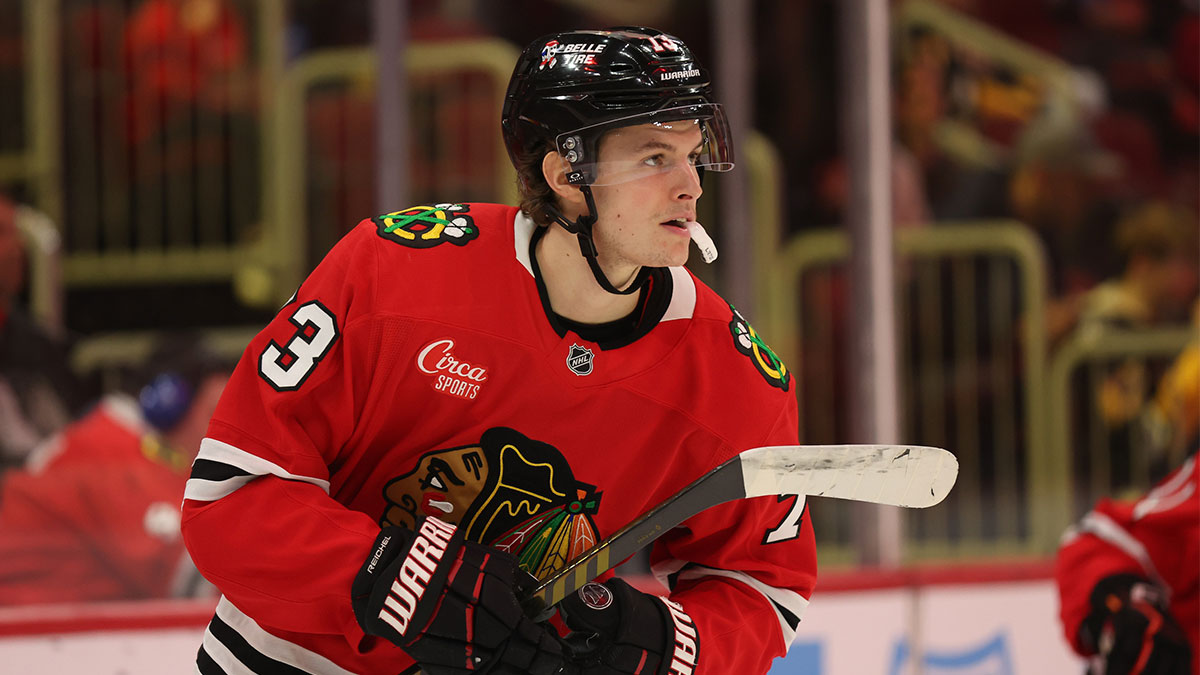 Chicago Blackhawks left wing Lukas Reichel (73) warms up before the second period against the Pittsburgh Penguins at United Center.