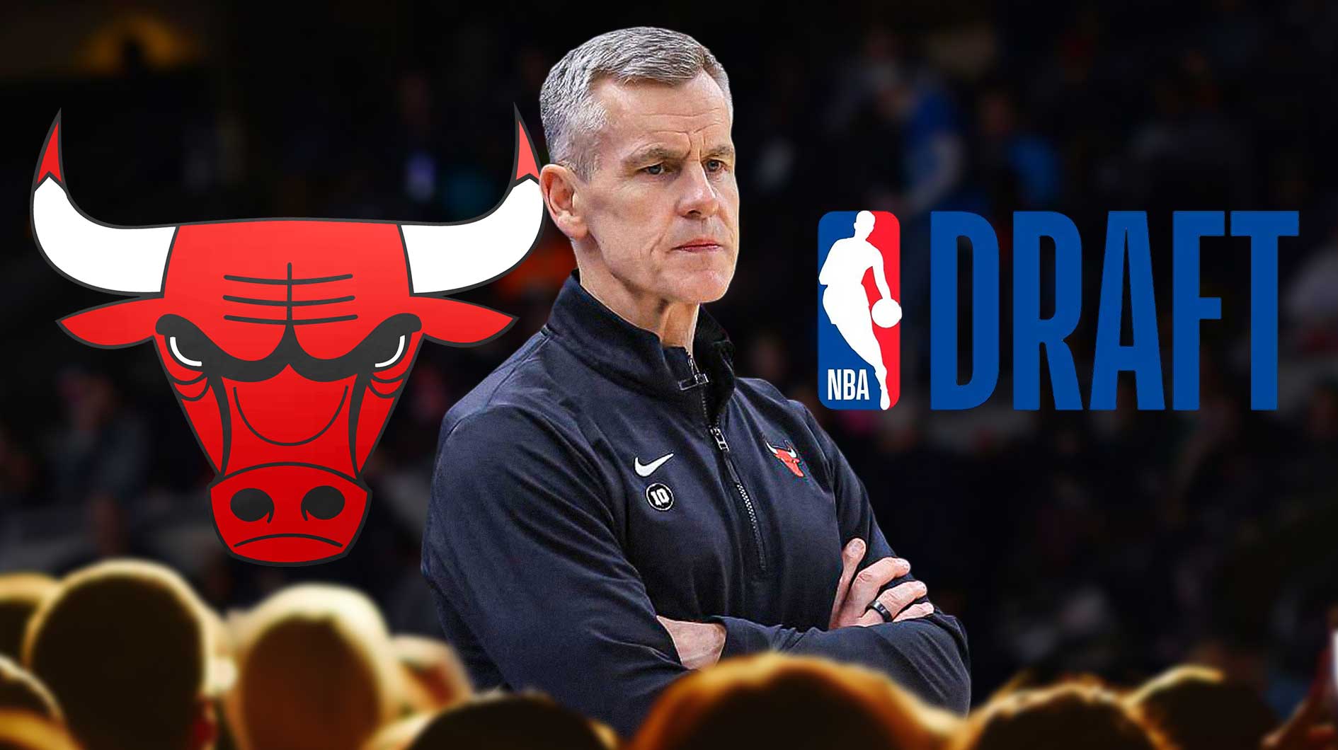 Bulls, Derik Queen, Nikola Vucevic, 2025 NBA Draft, Bulls NBA Draft, Billy Donovan with Bulls logo and NBA Draft logo behind him, basketball background