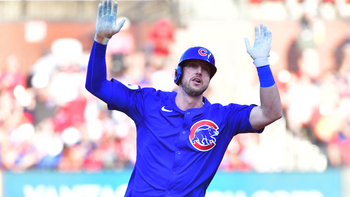 Chicago Cubs outfielder Kyle Tucker (30) celebrates his home run against the St. Louis Cardinals in the third inning at Busch Stadium. Altuve