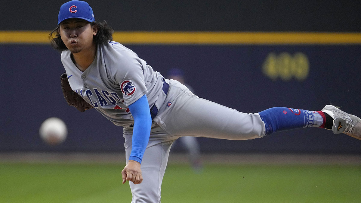 Chicago Cubs pitcher Shota Imanaga (18) delivers a pitch against the Milwaukee Brewers in the first inning at American Family Field. Sandy Alcantara