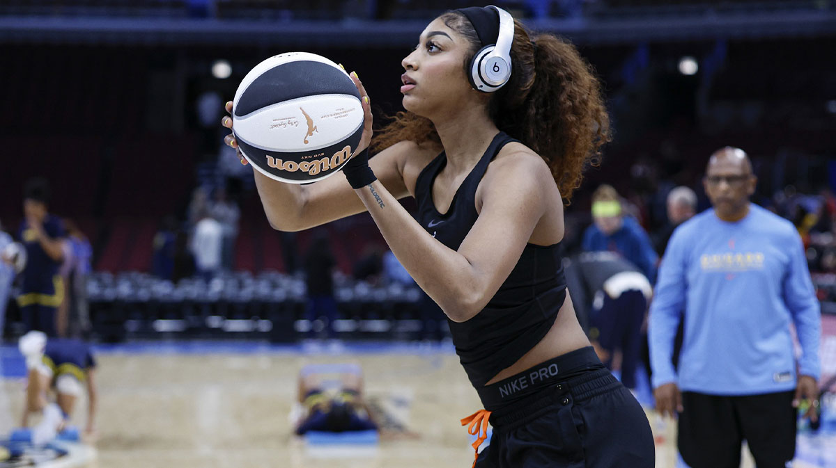 Chicago Sky forward Angel Reese (5) warms up before a WNBA game against the Indiana Fever at United Center.