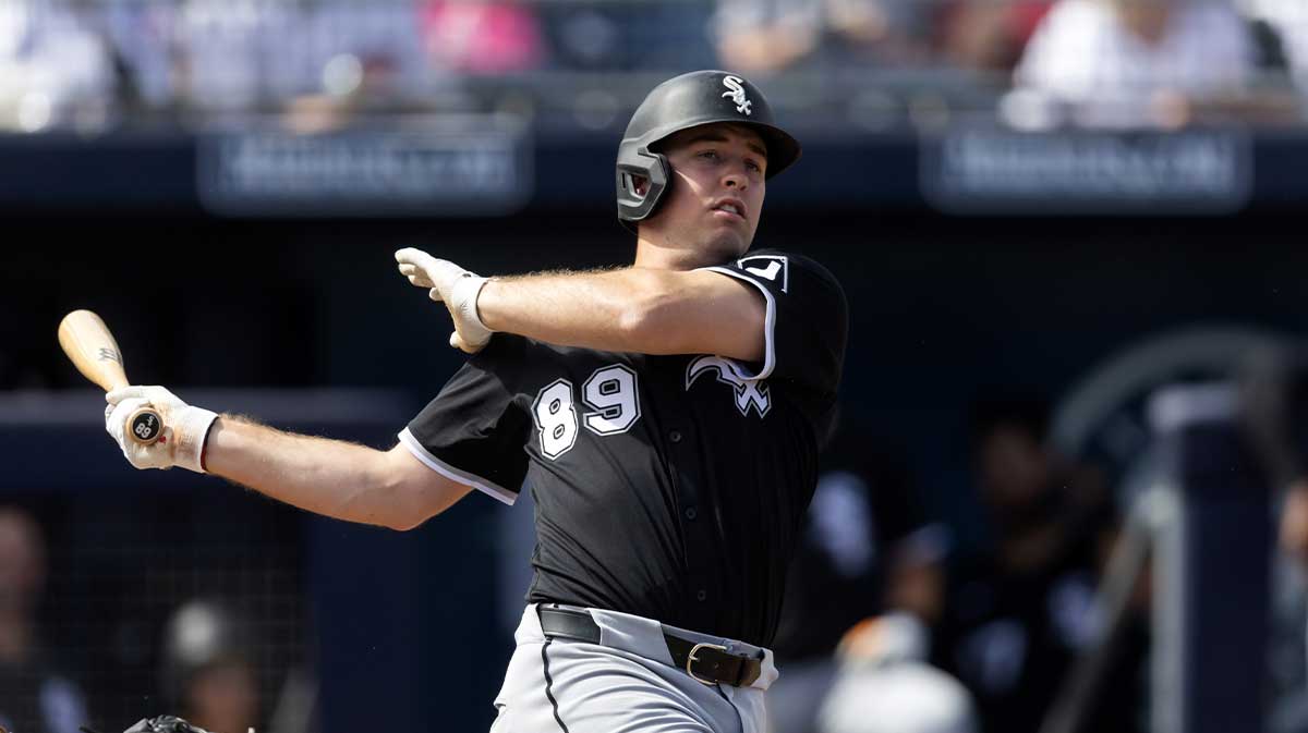 Mar 11, 2025; Peoria, Arizona, USA; Chicago White Sox catcher Kyle Teel against the San Diego Padres during a spring training game at Peoria Sports Complex. Mandatory Credit: Mark J. Rebilas-Imagn Images
