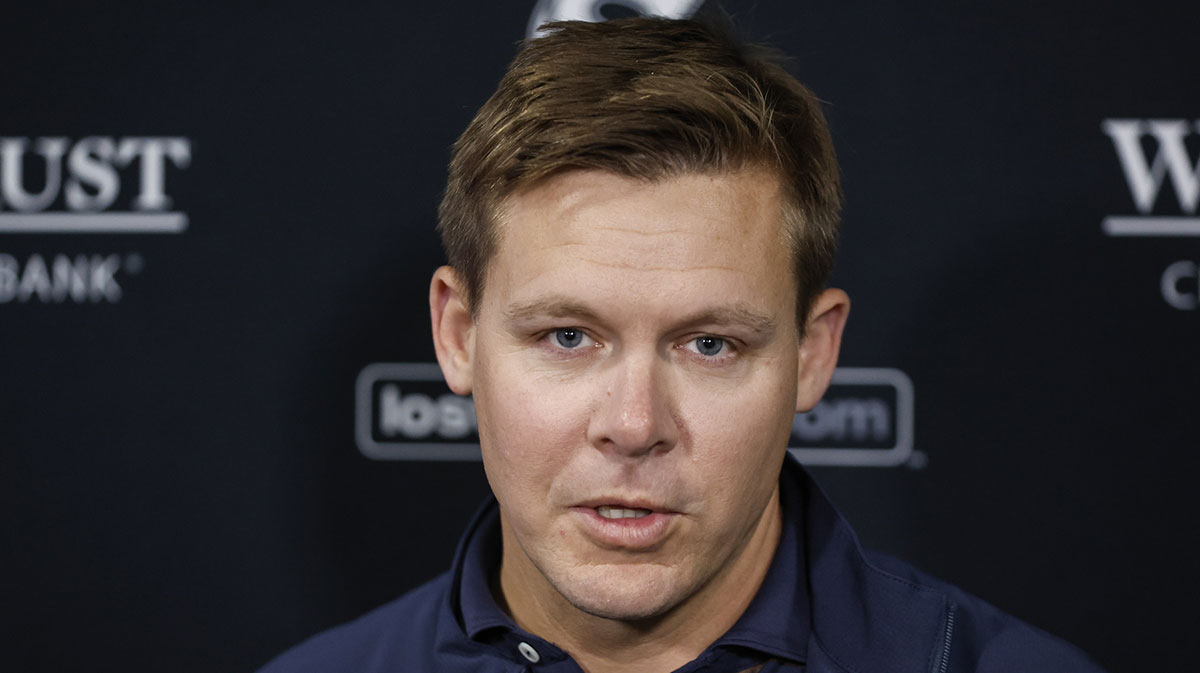 Chicago White Sox general manager Chris Getz speaks before a baseball game between the Chicago White Sox and Tampa Bay Rays at Guaranteed Rate Field. Vargas