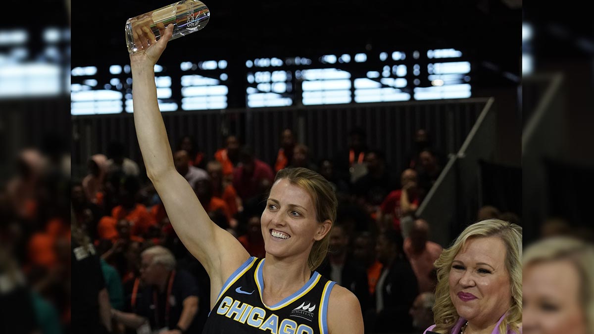 Jul 9, 2022; Chicago, Ill, USA; Allie Quigley celebrates after winning the 3-point contest during the 2022 WNBA All-Star Game skills competition at Wintrust Arena. Mandatory Credit: David Banks-Imagn Images