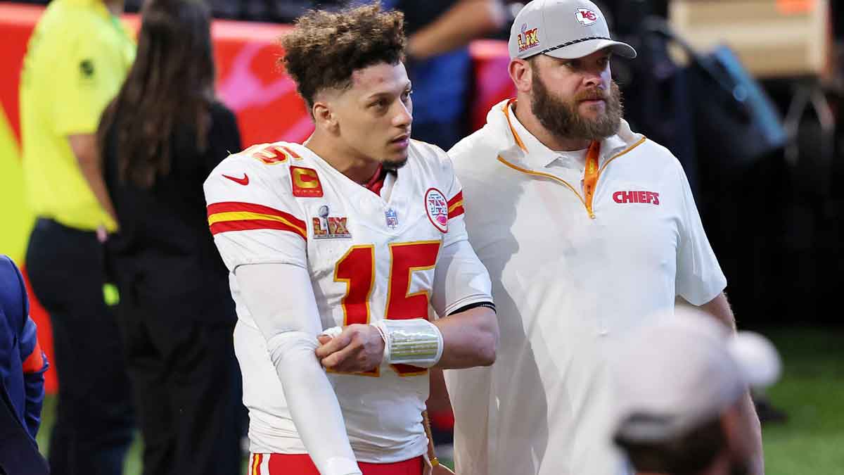 Kansas City Chiefs quarterback Patrick Mahomes (15) walks off the field after losing against the Philadelphia Eagles in Super Bowl LIX at Caesars Superdome. 