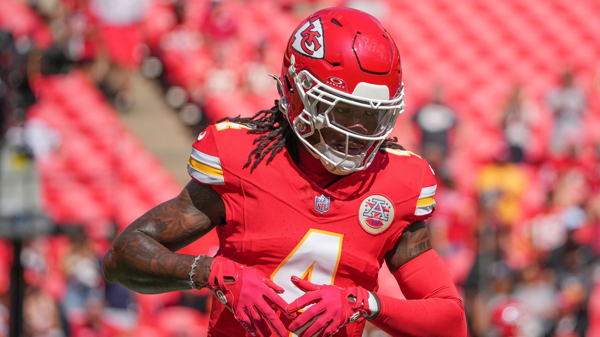 Kansas City Chiefs wide receiver Rashee Rice (4) warms up against the Cincinnati Bengals prior to a game at GEHA Field at Arrowhead Stadium.