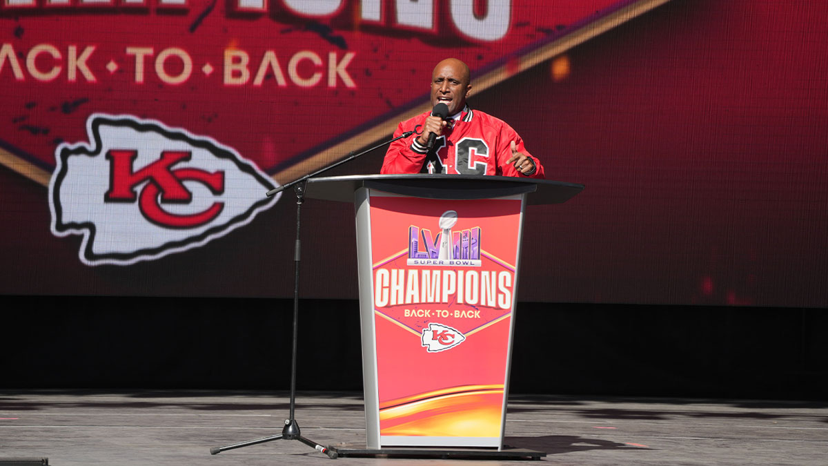 Kansas City mayor Quinton Lucas addresses the crowd on stage during the celebration of the Kansas City Chiefs winning Super Bowl LVIII.
