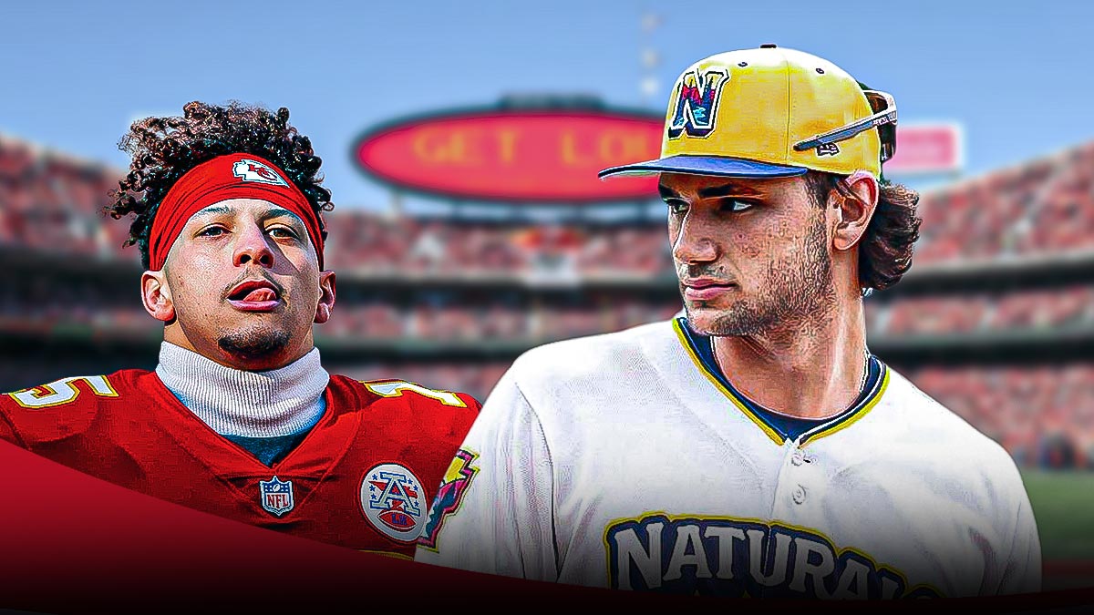 Patrick Mahomes looking at Jac Caglianone