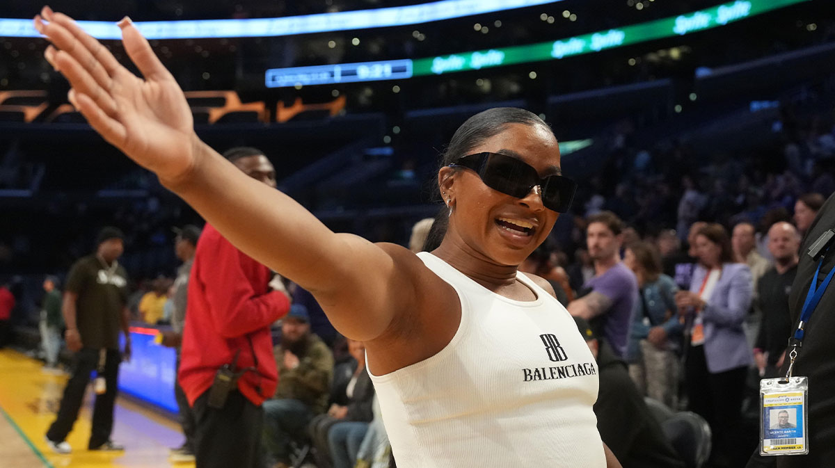 Jordan Chiles attends the game between the Golden State Valkyries and the LA Sparks at Crypto.com Arena.
