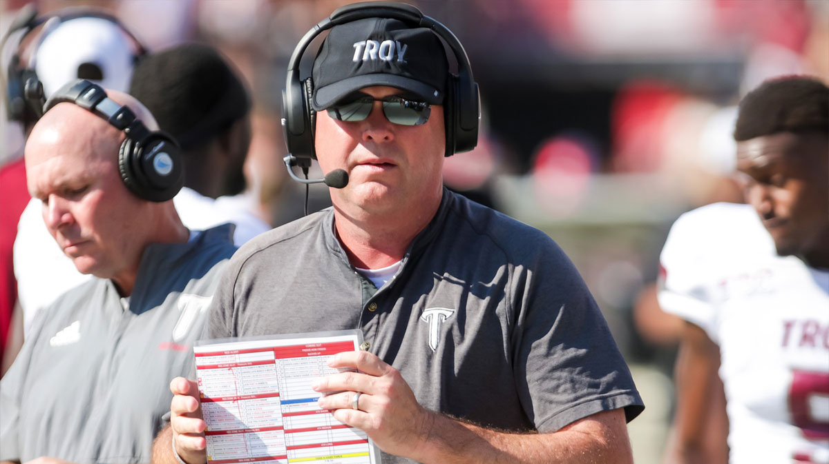 Troy Trojans head coach Chip Lindsey directs his team against the South Carolina Gamecocks in the first half at Williams-Brice Stadium.