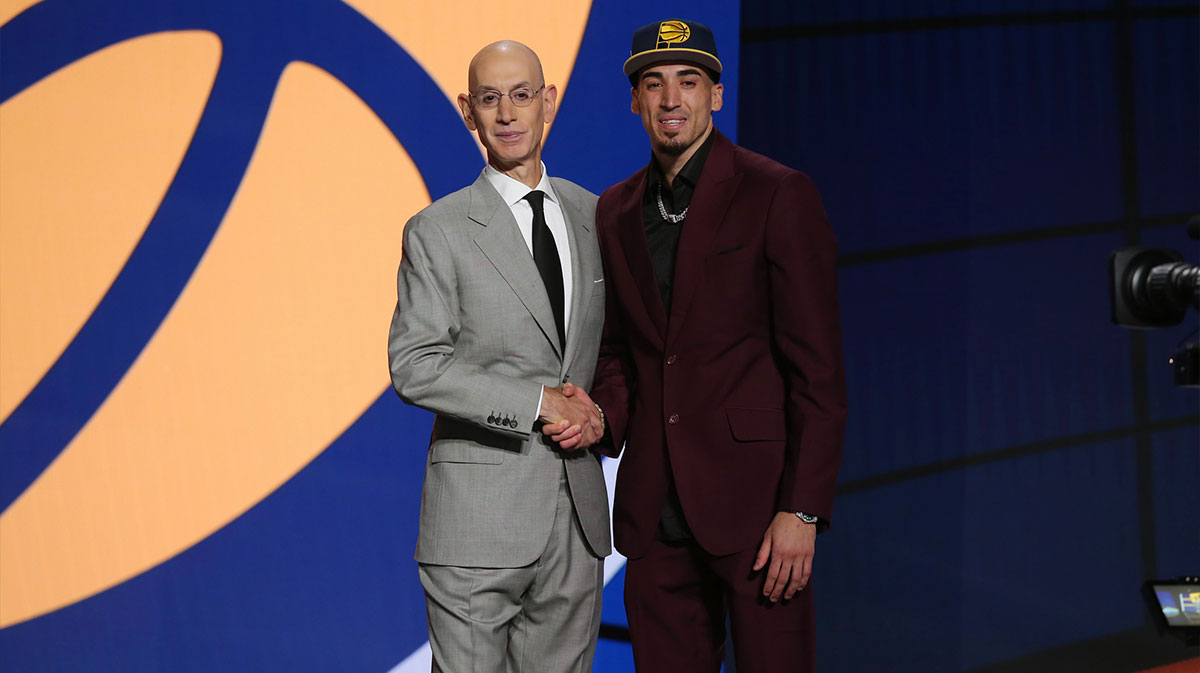 Chris Duarte (Oregon) poses with NBA commissioner Adam Silver after being selected as the number thirteen overall pick by the Indiana Pacers in the first round of the 2021 NBA Draft at Barclays Center.