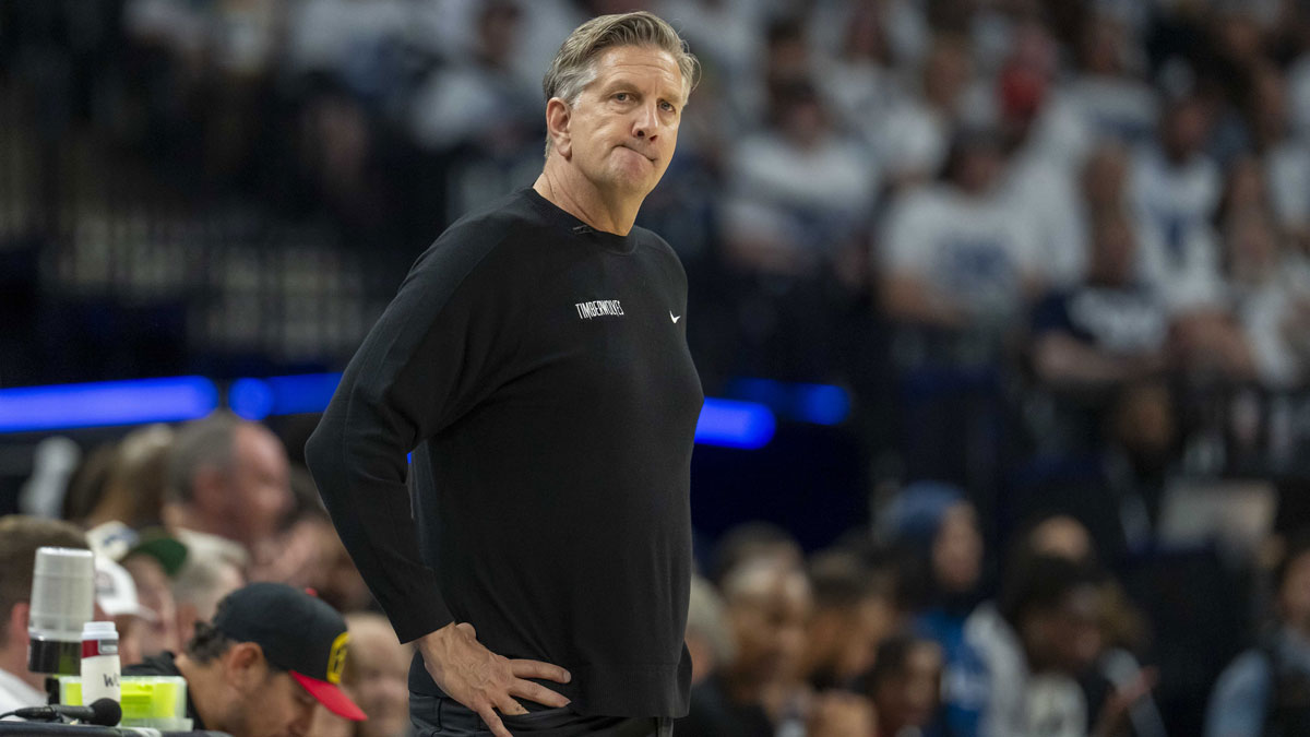 Minnesota Timberwolves head coach Chris Finch looks on against the Golden State Warriors in the second half during game two of the second round for the 2025 NBA Playoffs at Target Center.
