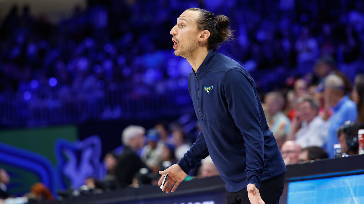 Dallas Wings head coach Chris Koclanes reacts during the second half against the Minnesota Lynx at College Park Center.