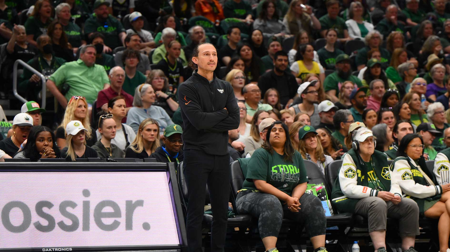 Dallas Wings Head Coach Chris Koclanes during the first half against the Seattle Storm at Climate Pledge Arena.