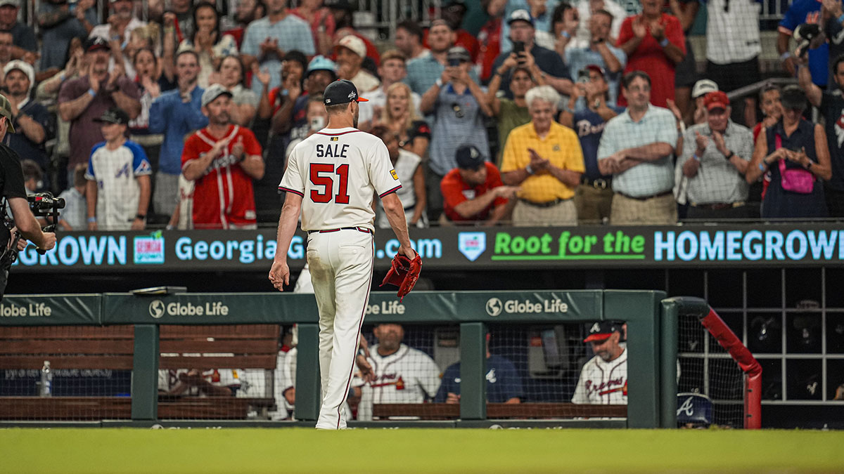 Atlanta Braves starting pitcher Chris Sale (51) leaves the field after being removed from the game against the New York Mets.