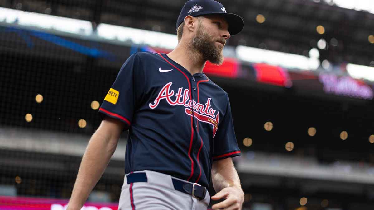 May 29, 2025; Philadelphia, Pennsylvania, USA; Atlanta Braves pitcher Chris Sale takes the field to warm up before action against the Philadelphia Phillies at Citizens Bank Park. Mandatory Credit: Bill Streicher-Imagn Images