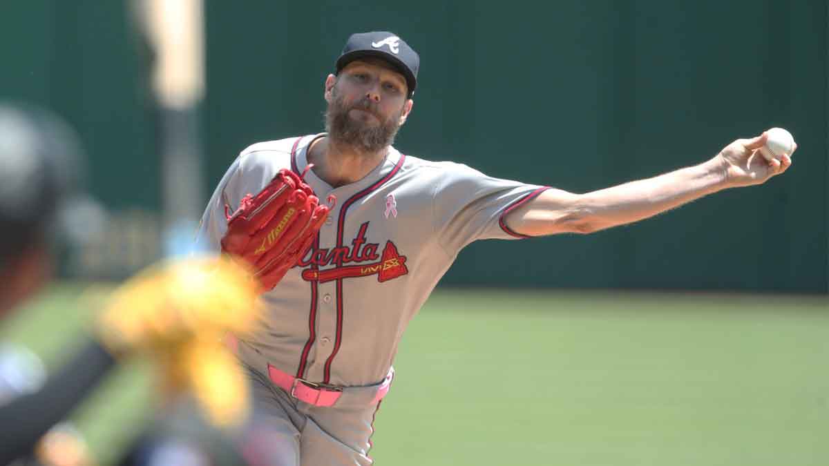 May 11, 2025; Pittsburgh, Pennsylvania, USA; Atlanta Braves starting pitcher Chris Sale (51) pitches to Pittsburgh Pirates third baseman Ke'Bryan Hayes (13) during the first inning at PNC Park.