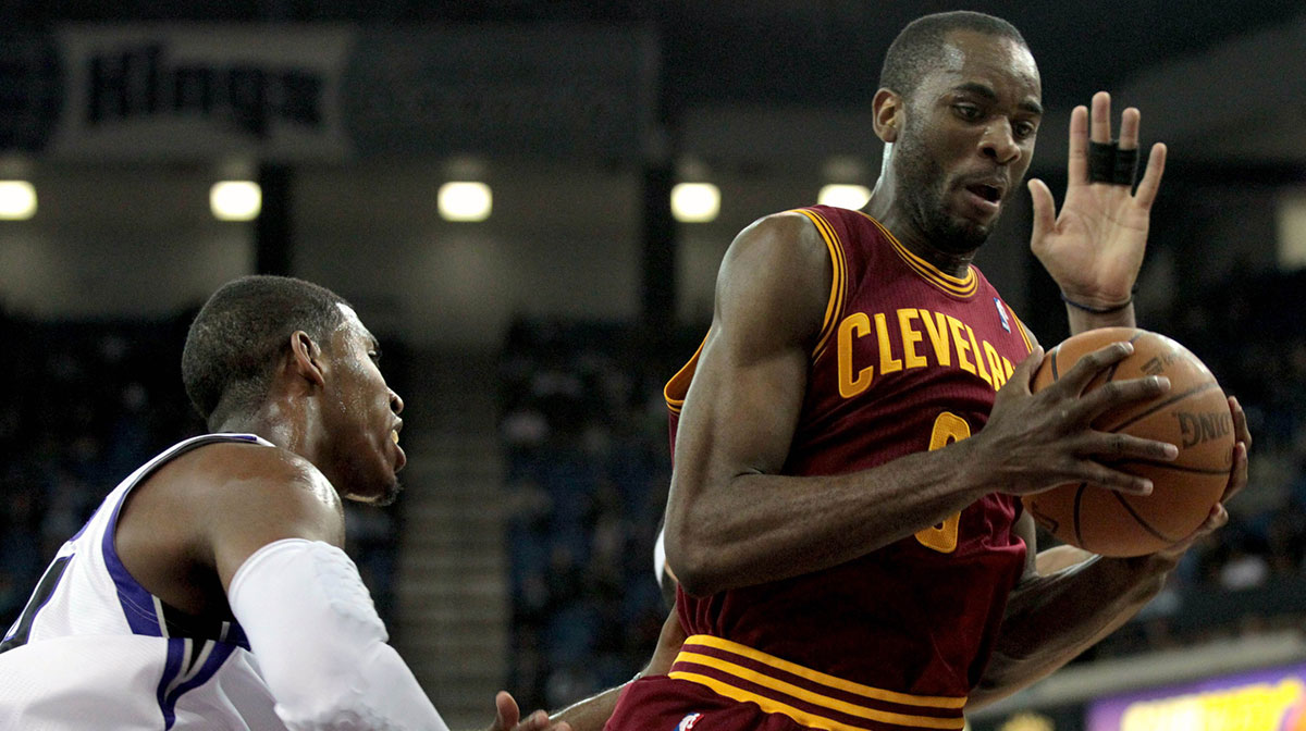 Cleveland Cavaliers forward Christian Eyenga (8) pulls down a rebound against the Sacramento Kings in the fourth quarter at the Power Balance Pavilion. The Cavaliers defeated the Kings 97-93.