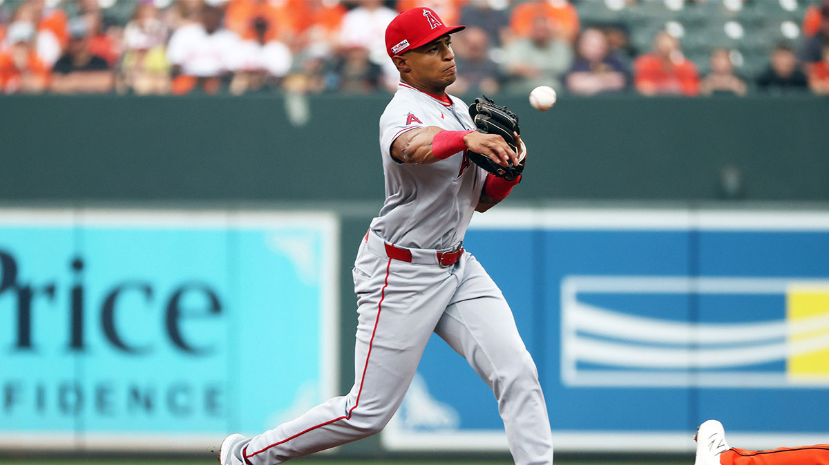 Los Angeles Angels second baseman Christian Moore (4) turns a double play during the second inning against the Baltimore Orioles.