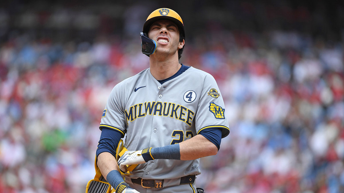 Milwaukee Brewers outfielder Christian Yelich (22) reacts after being hit boy a pitch during the first inning against the Philadelphia Phillies at Citizens Bank Park.