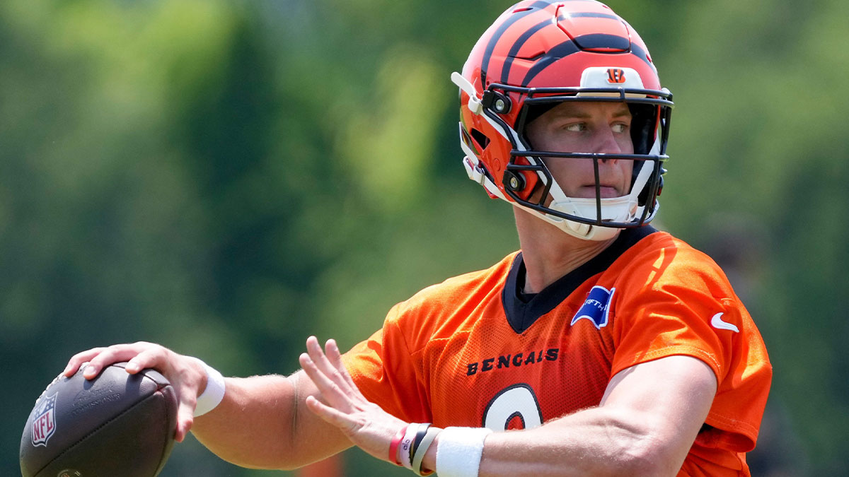 Cincinnati Bengals quarterback Joe Burrow (9) throws a pass during a session of organized team activities on the Bengals practice field at Paycor Stadium in downtown Cincinnati on Tuesday, June 3, 2025.