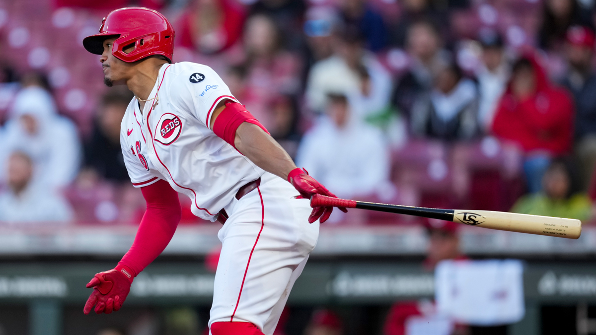 Cincinnati Reds third baseman Noelvi Marte (16) watches his single against the Washington Nationals in the eighth inning at Great American Ball Park.
