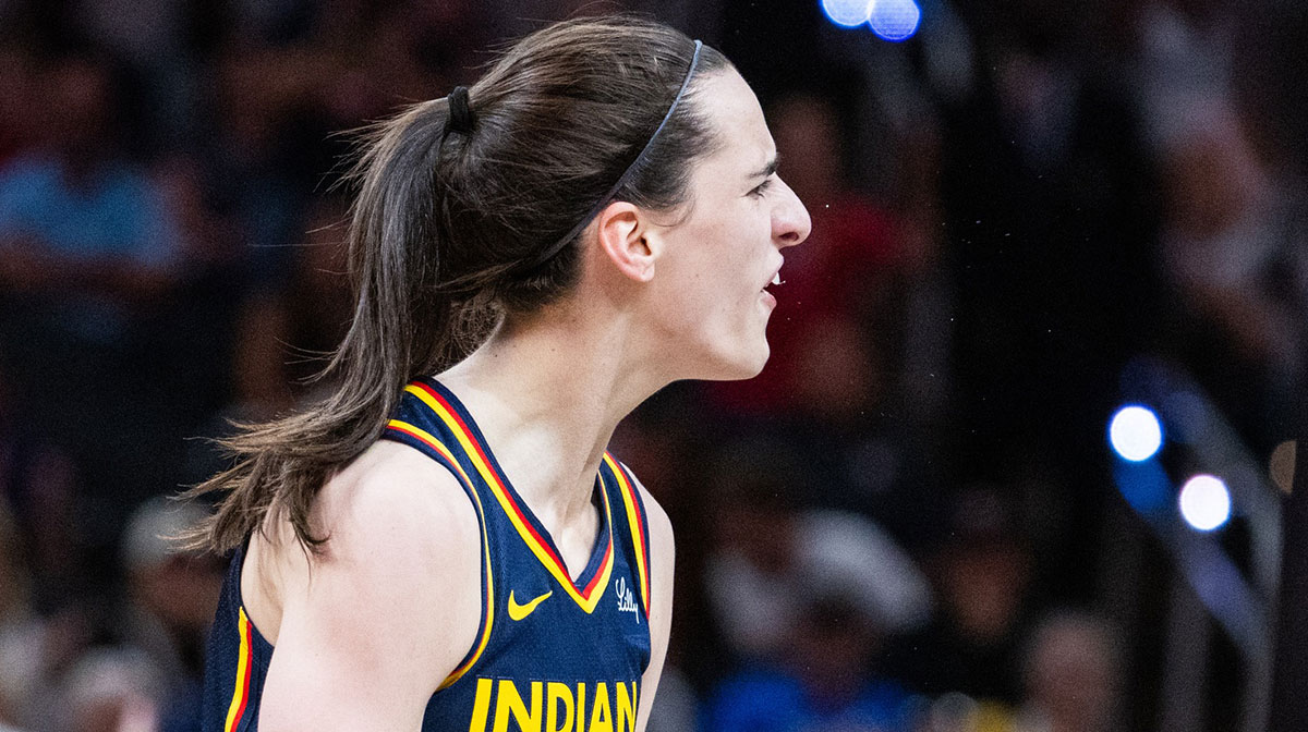 Indiana Fever guard Caitlin Clark (22) celebrates in the second half against the Connecticut Sun at Gainbridge Fieldhouse.