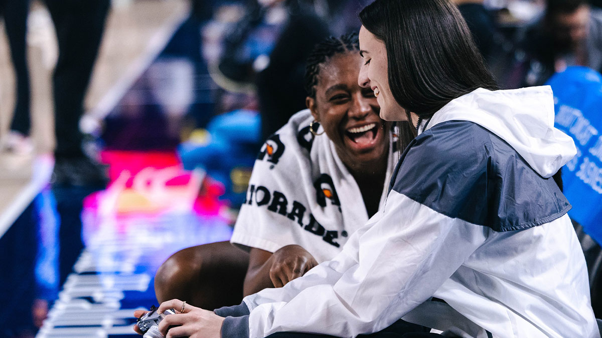 Indiana Fever forward Aliyah Boston (7) laughs with Indiana Fever guard Caitlin Clark (22) before the game against the Washington Mystics at Entertainment & Sports Arena.