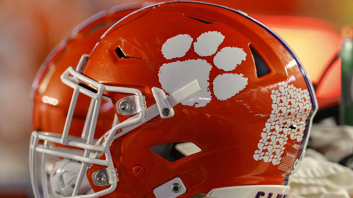 The logo of the Clemson Tigers is seen on a football helmet during the second half of the game between the Boston College Eagles and the Clemson Tigers at Alumni Stadium.