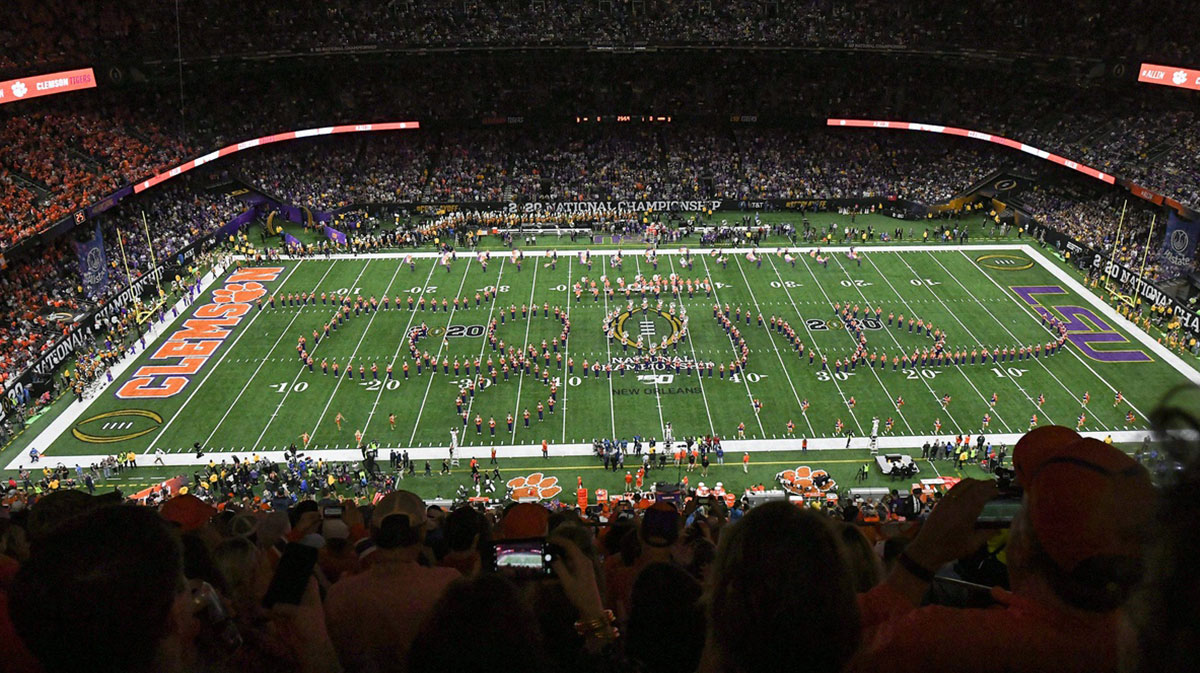 The Clemson Tiger Band spells Tigers before of the College Football Playoff National Championship game in New Orleans