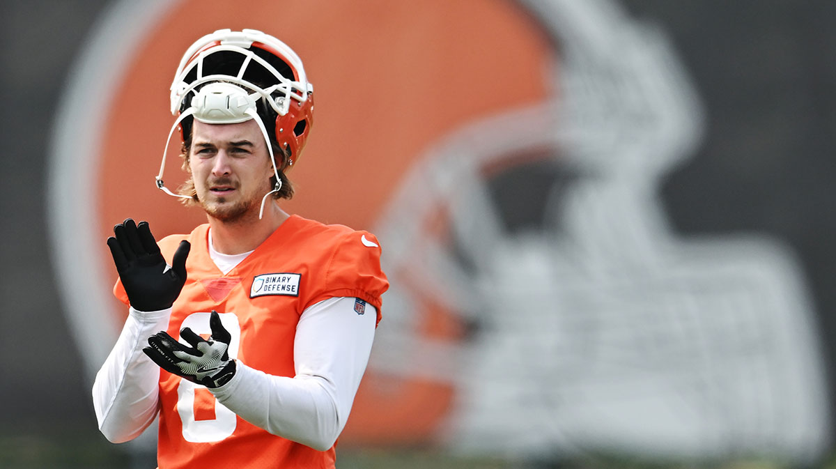 Cleveland Browns quarterback Kenny Pickett (8) looks on during mini camp at CrossCountry Mortgage Campus.