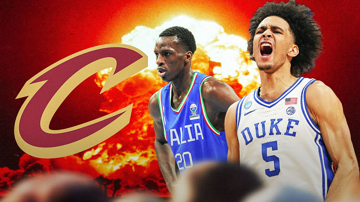 Tyrese Proctor, Saliou Niang beside each other, Cleveland Cavaliers logo and explosions in the background