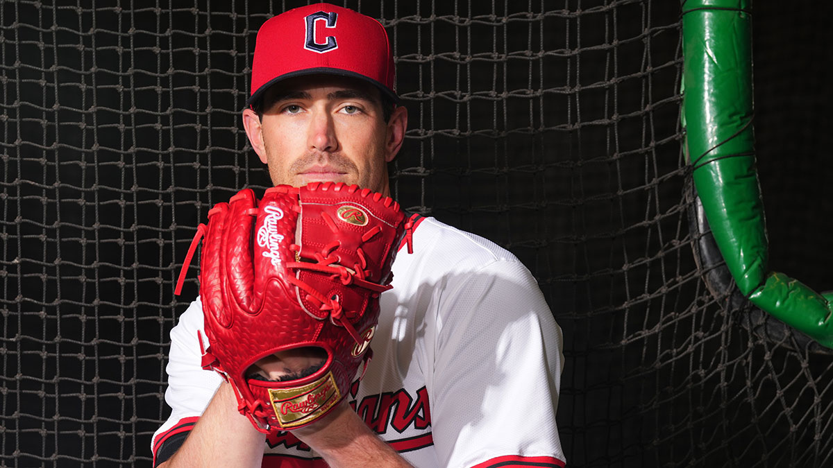Cleveland Guardians pitcher Shane Bieber (57) poses for a photo during MLB Media Day at Cleveland Guardians Spring Training Facility.