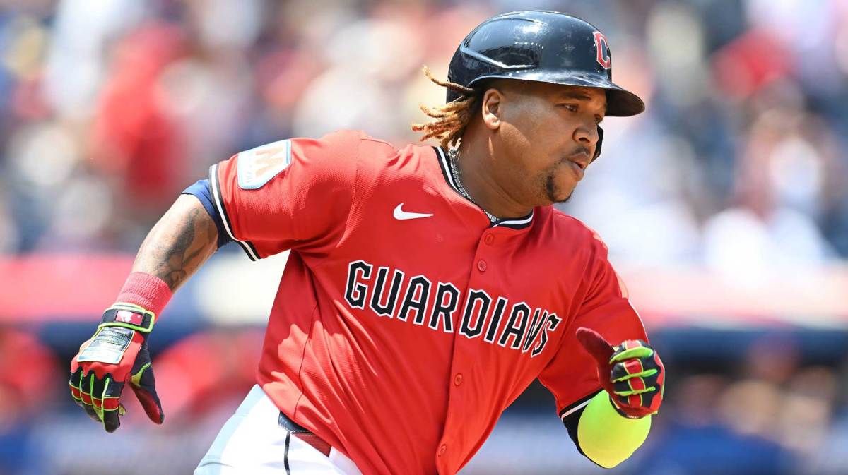 Cleveland Guardians third baseman Jose Ramirez (11) runs the bases on an RBI double during the first inning against the Cincinnati Reds at Progressive Field.