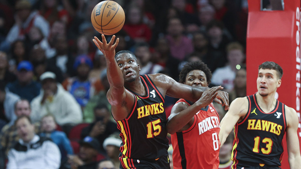 Atlanta Hawks center Clint Capela (15) attempts to grab a rebound during the third quarter against the Houston Rockets at Toyota Center.