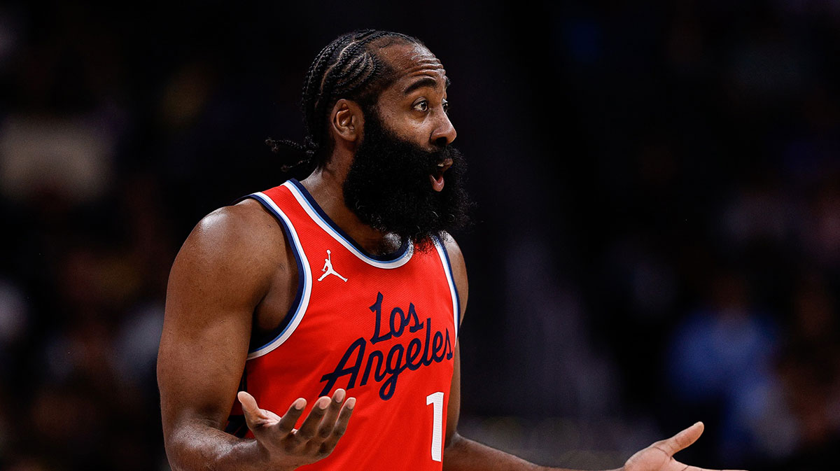 Los Angeles Clippers guard James Harden (1) reacts in the first quarter against the Denver Nuggets at Ball Arena.