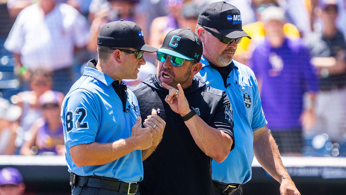 Coastal Carolina Chanticleers head coach Kevin Schnall reacts after being ejected during the first inning against the LSU Tigers at Charles Schwab Field.