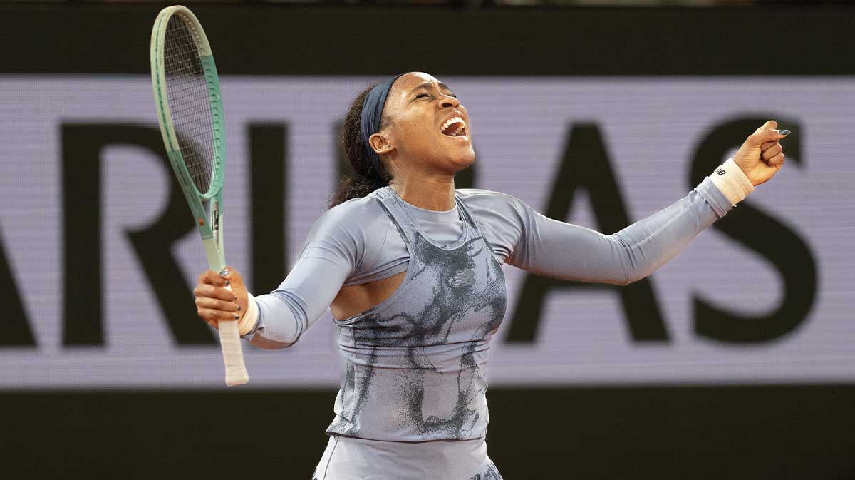Coco Gauff of the United States celebrates winning her match against Madison Keys of the United States on day 11.