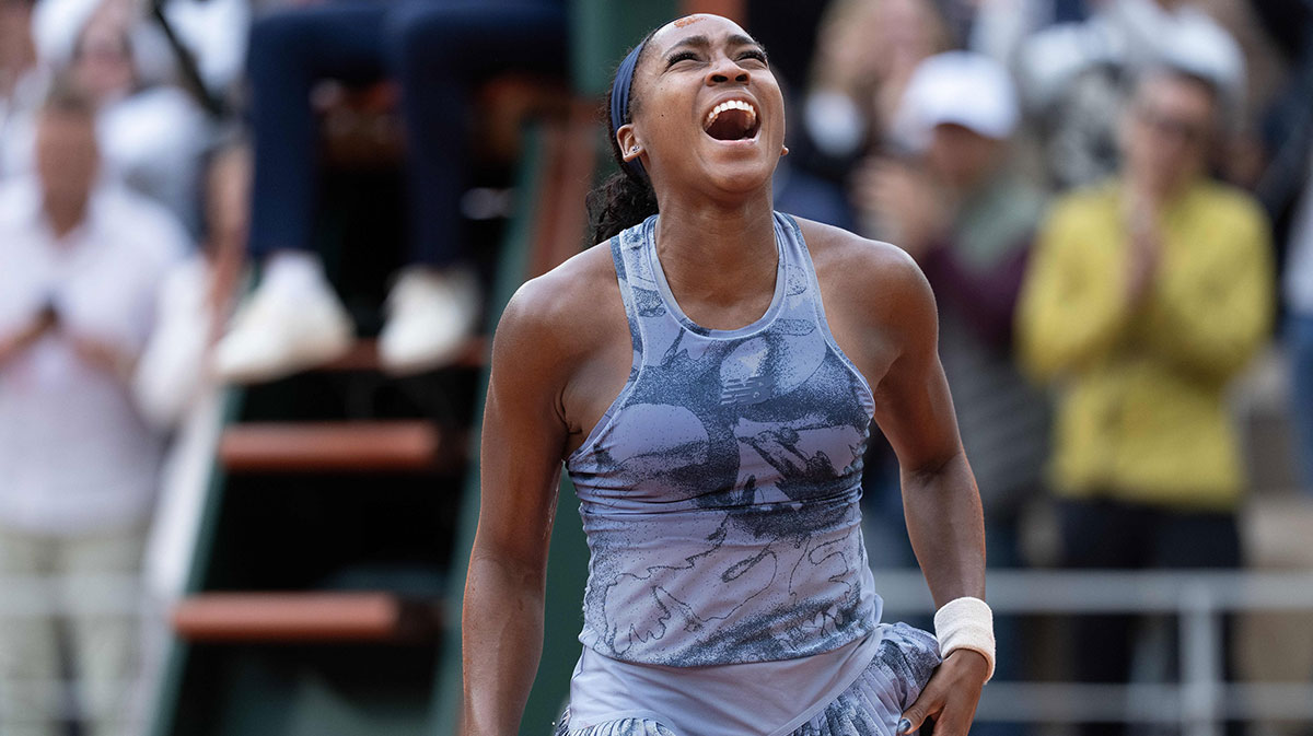 Coco Gauff of the United States celebrates winning the women’s singles final against Aryna Sabalenka on day 14 at Roland Garros Stadium.