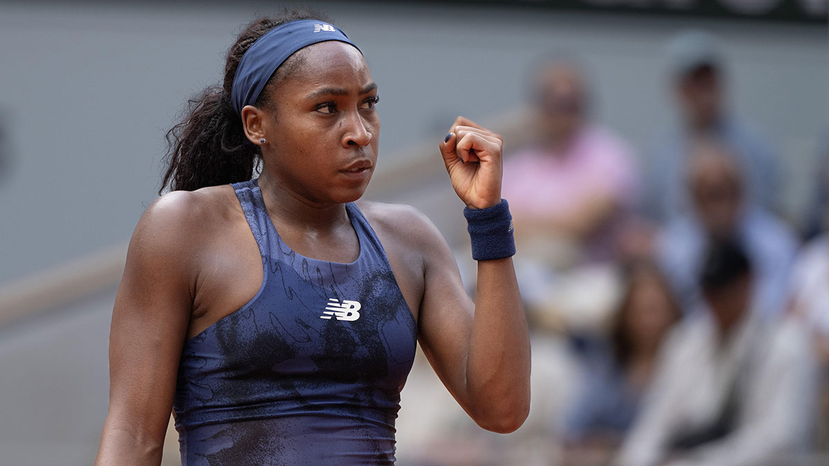 Coco Gauff of the United States reacts to a point during her match against Ekaterina Alexandrova on day nine at Roland Garros Stadium.