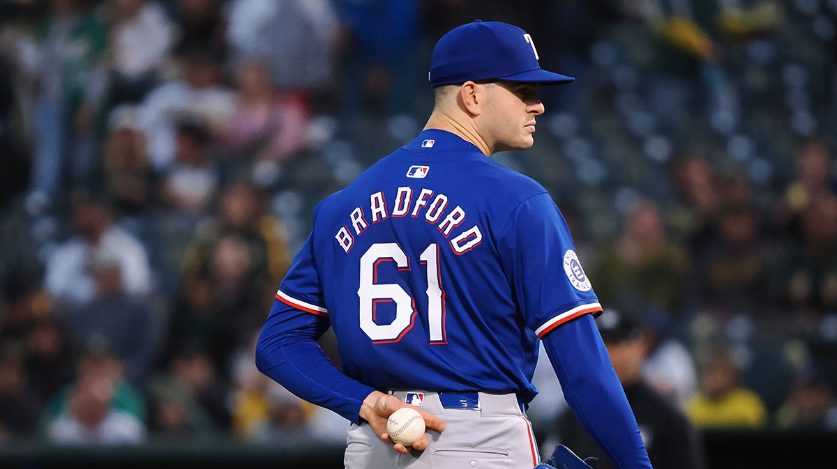 Texas Rangers starting pitcher Cody Bradford (61) on the mound against the Oakland Athletics during the first inning at Oakland-Alameda County Coliseum.