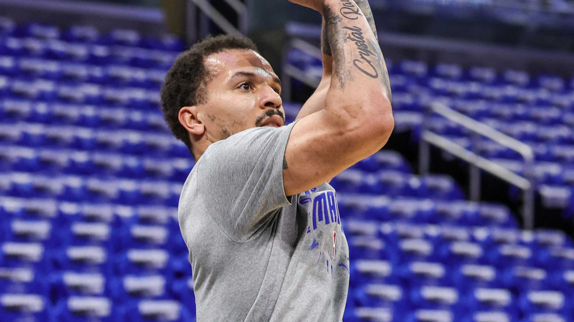 Orlando Magic guard Cole Anthony (50) warms up before game three of first round for the 2024 NBA Playoffs against the Boston Celtics.