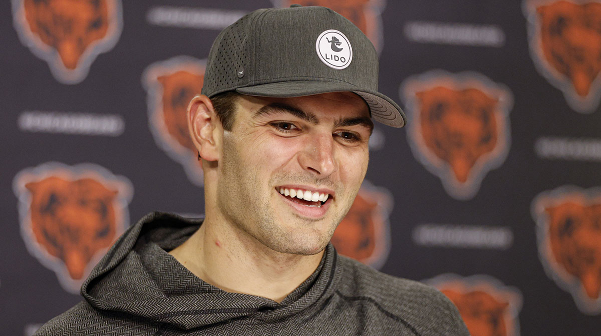Chicago Bears tight end Cole Kmet (85) speaks during minicamp at Halas Hall.