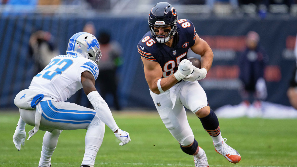 Dec 10, 2023; Chicago, Illinois, USA; Chicago Bears tight end Cole Kmet (85) runs with the ball against the Detroit Lions at Soldier Field.
